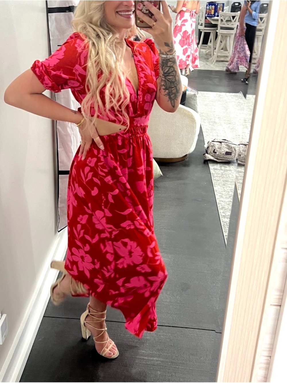SHEIN Red Midi Dress with Hot Pink Floral Print